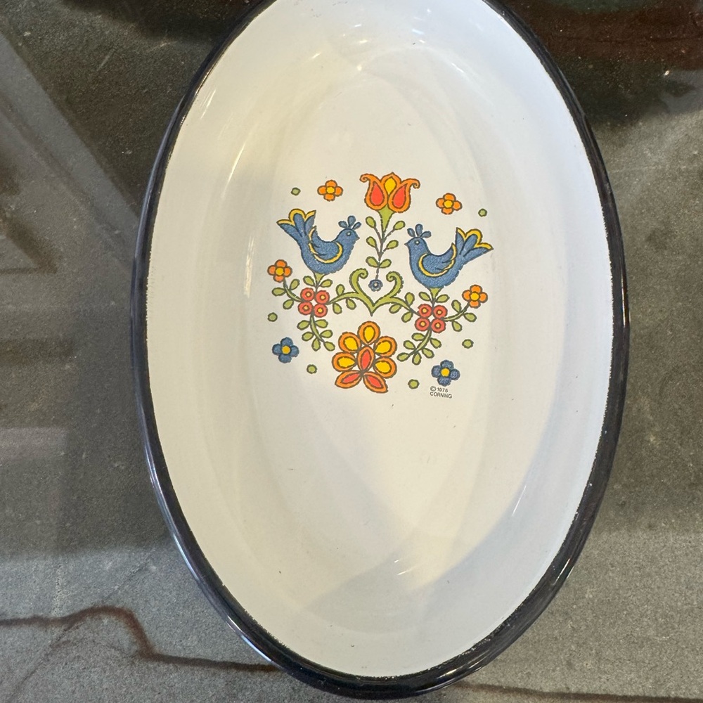 Rare Corningware Enamel Country Festival Blue Bird Oval Dish